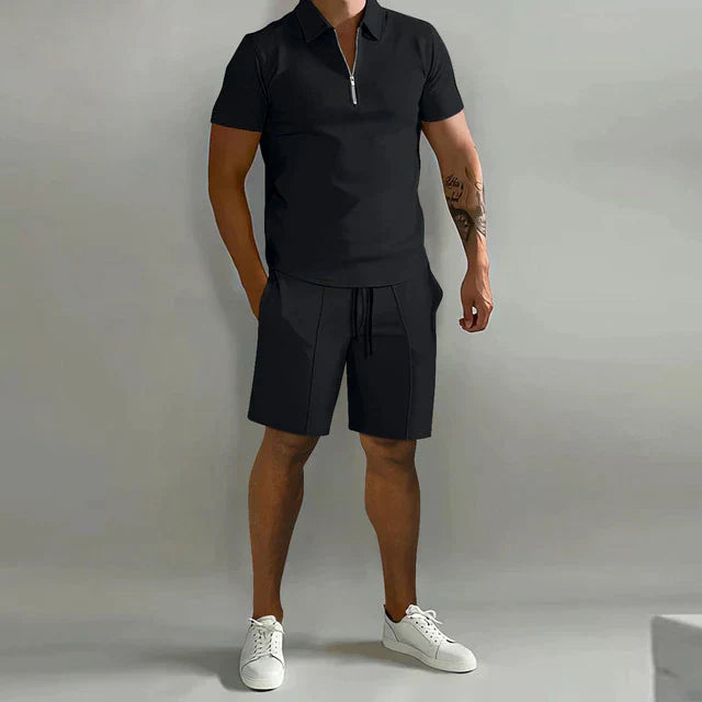 Alistair | Men's Zip Polo Shirt & Shorts Set - Black - Image 1