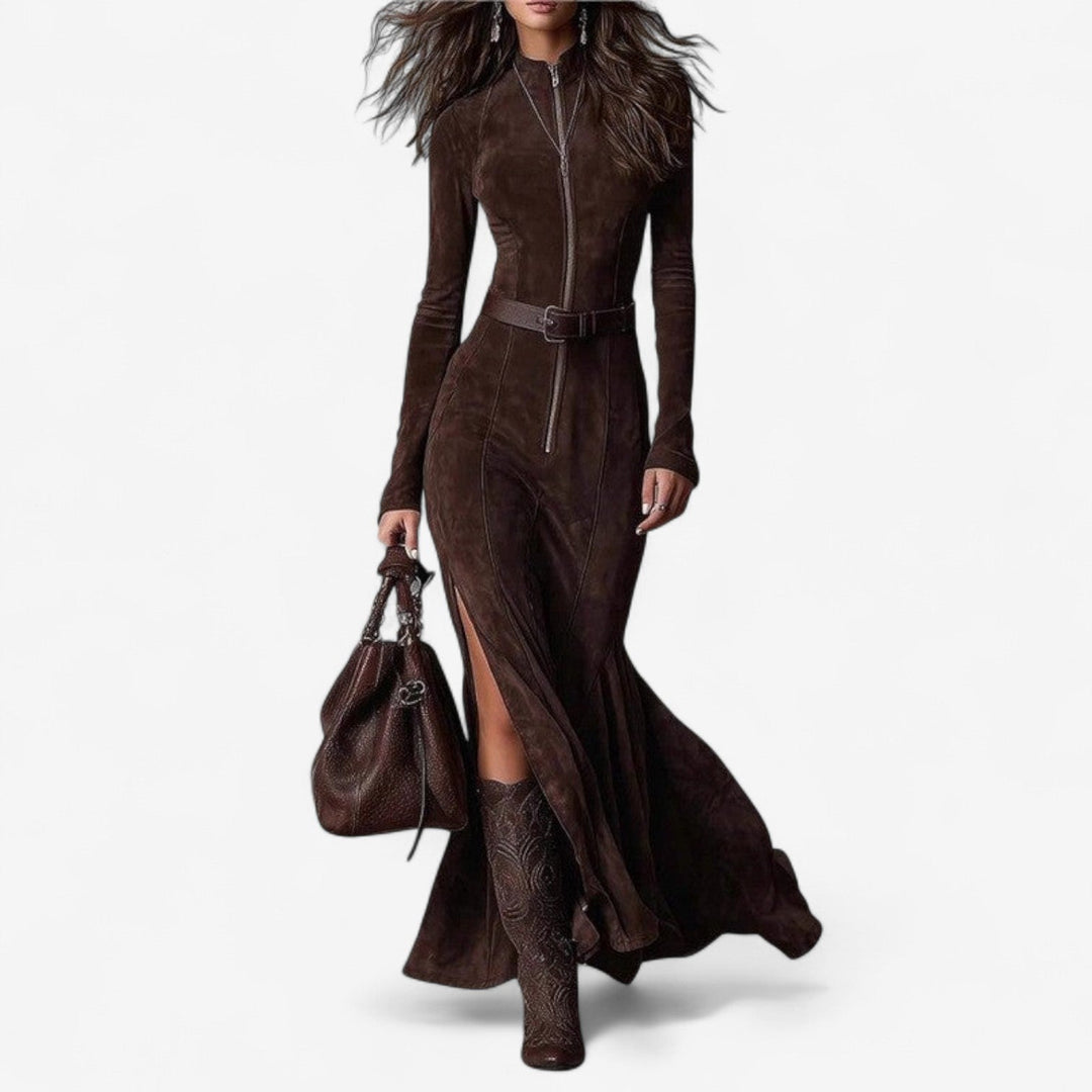 Adeline | Women's Zip Front Long Sleeve Maxi Dress - Brown - Image 1