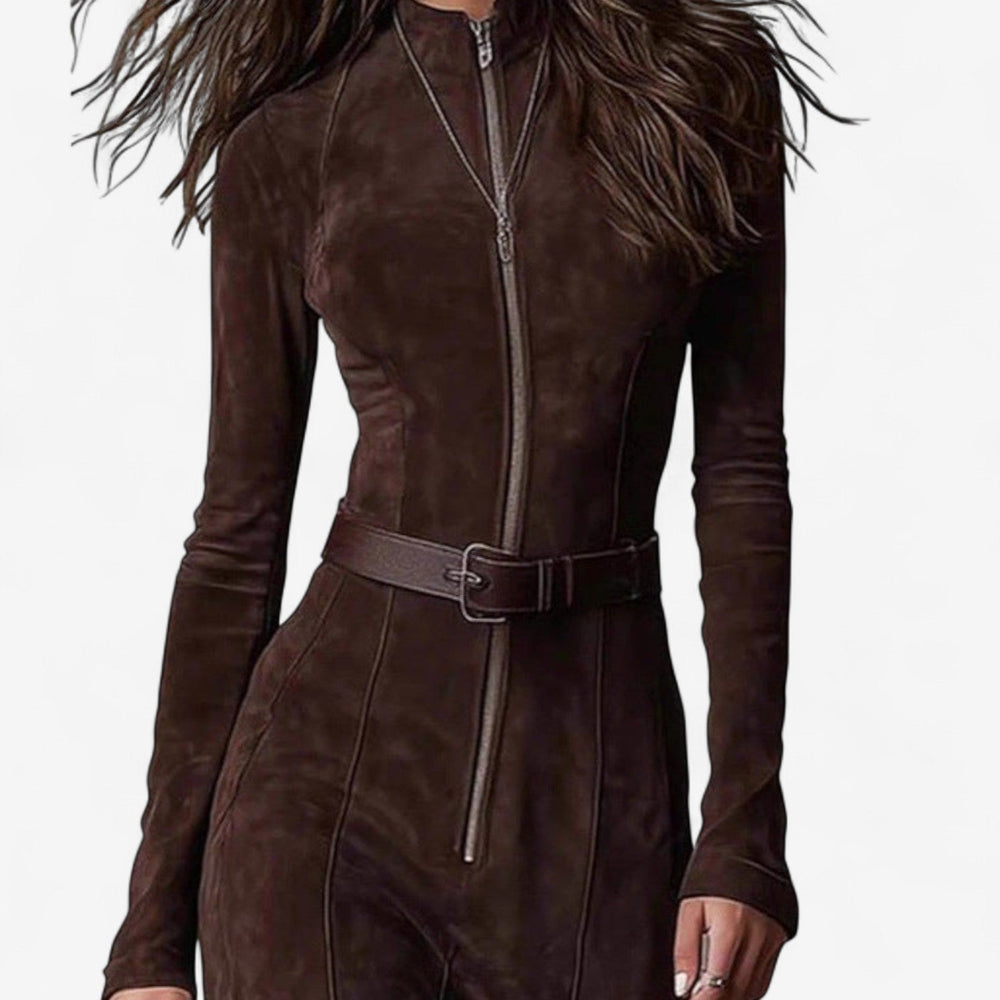 Adeline | Women's Zip Front Long Sleeve Maxi Dress - Brown - Image 2