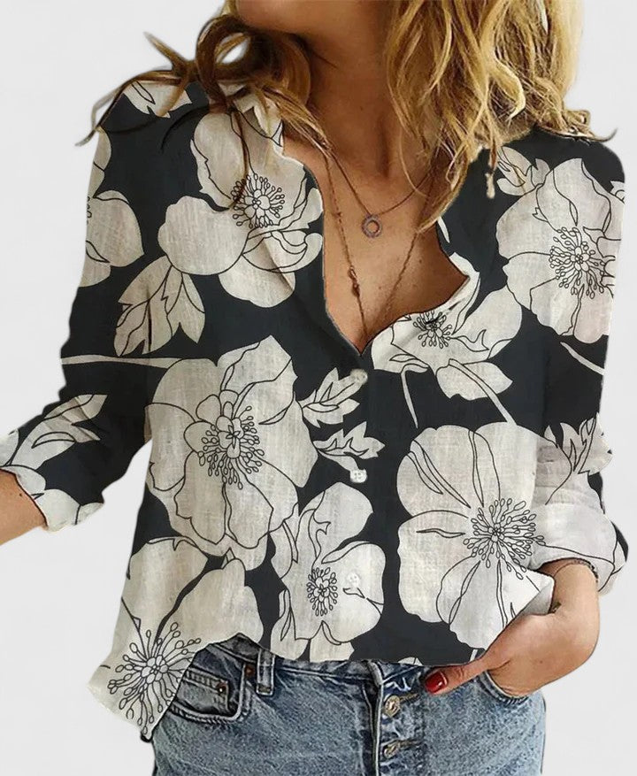 Adrienne | Women's Floral V-Neck Long Sleeve Blouse - Floral - Image 1