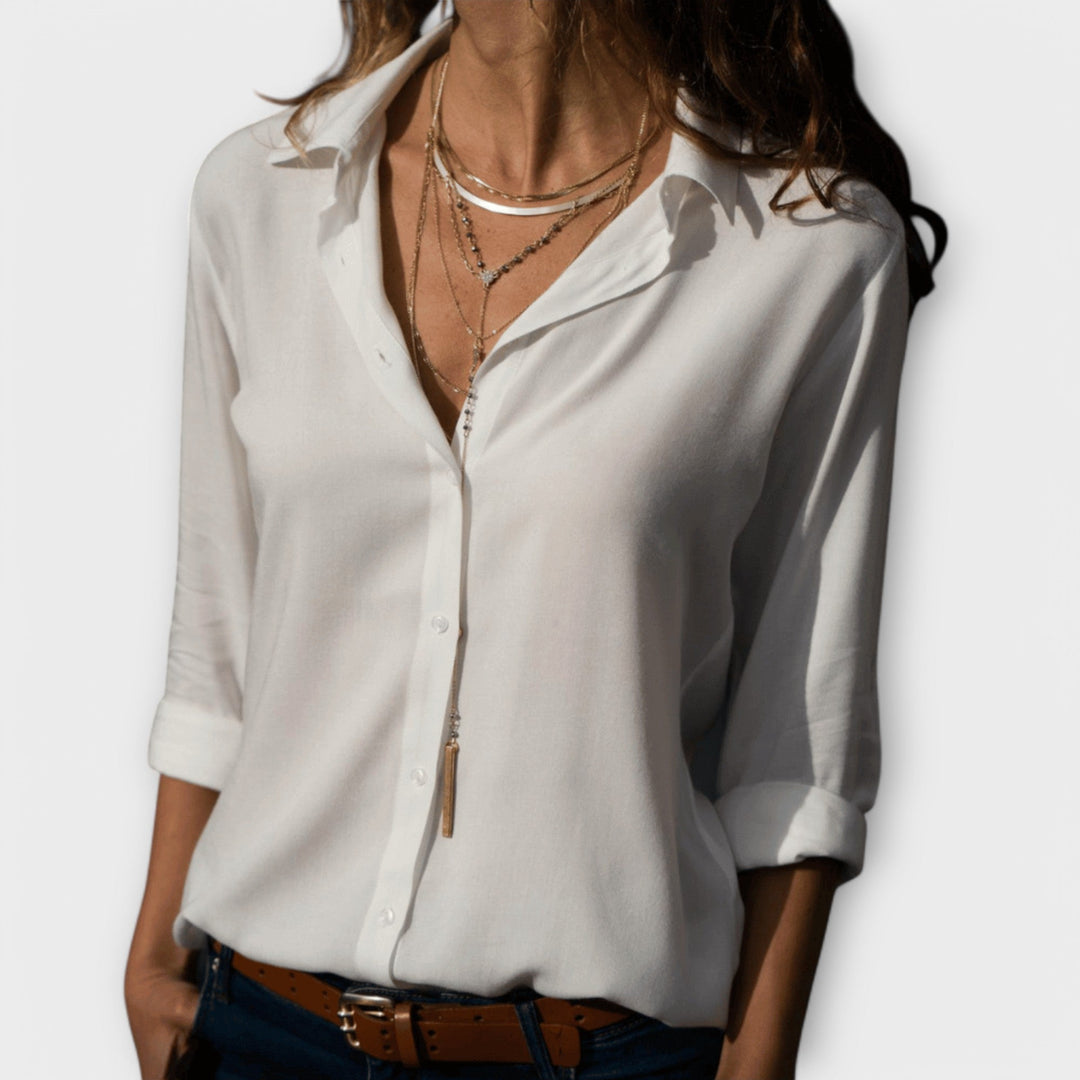 Ainsley | Women's Collared Long Sleeve Button Down Blouse - White - Image 1