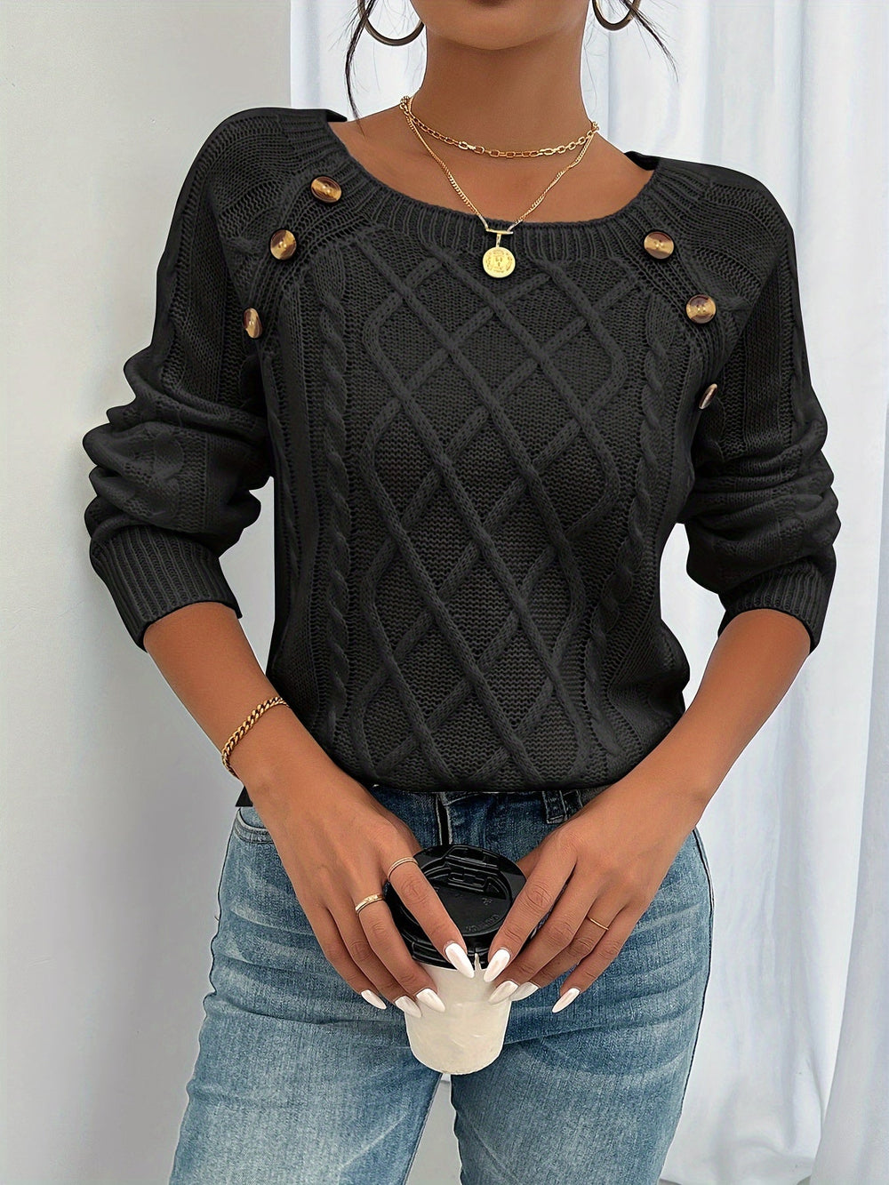 Aldara | Women's Cable Knit Pullover Sweater - Black - Image 2