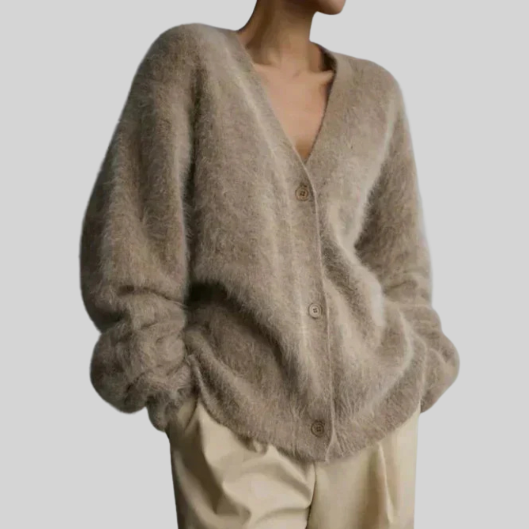 Aldene | Women's Oversized Fluffy Cardigan Sweater - Taupe - Image 1