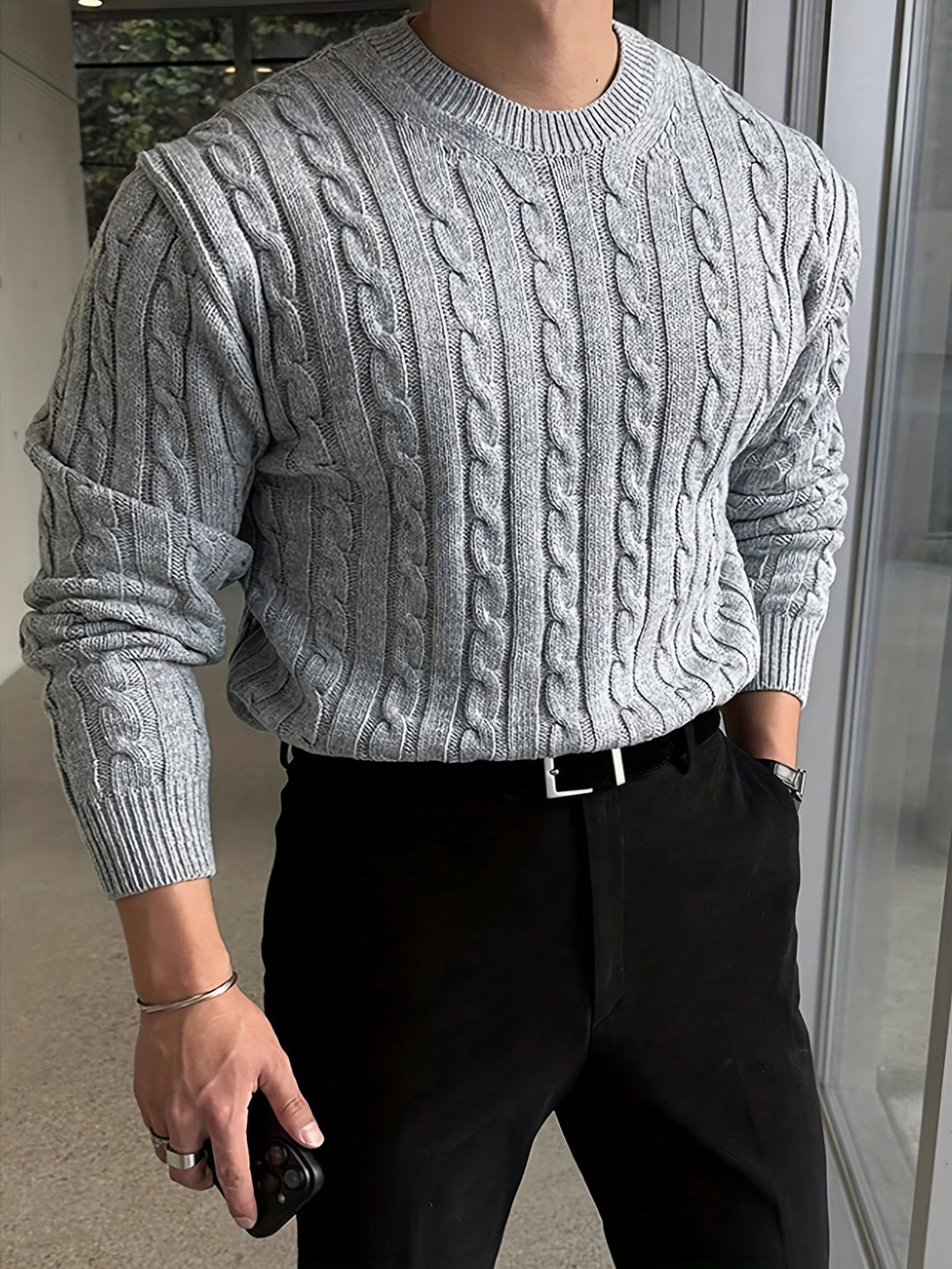Aldmere | Men's Cable Knit Crew Neck Sweater - Grey - Image 1