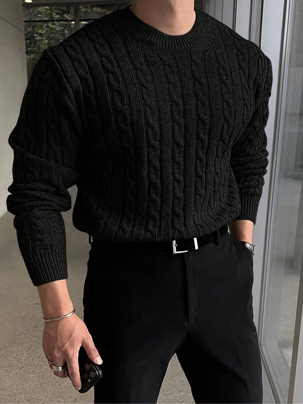 Aldmere | Men's Cable Knit Crew Neck Sweater - Grey - Image 2