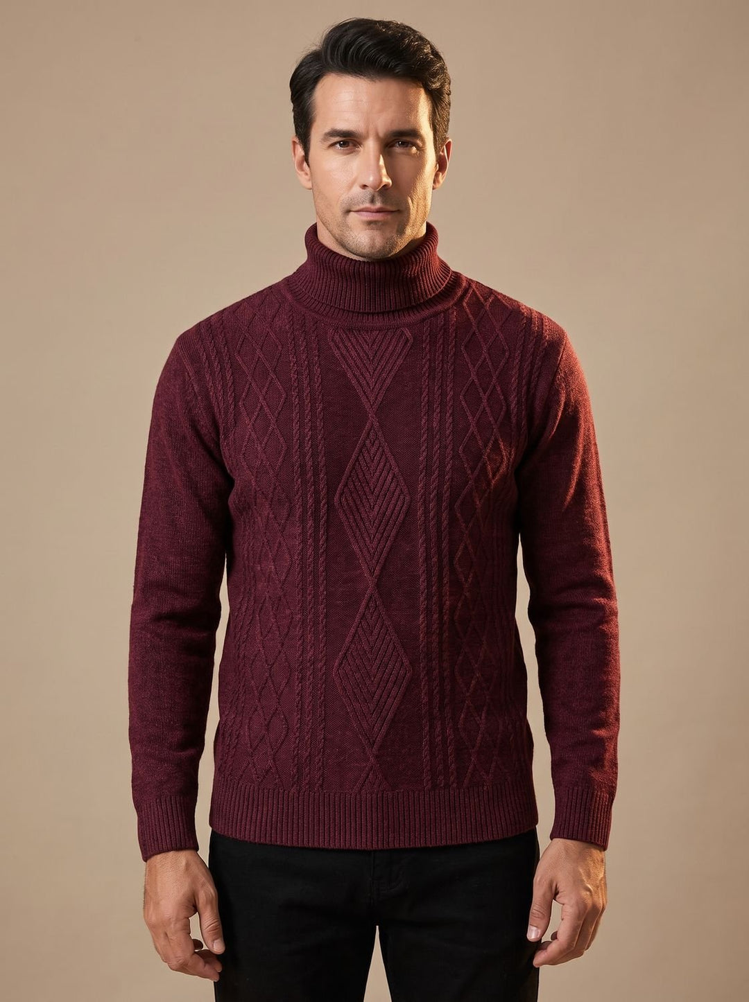 Aldric | Men's Cable Knit Turtleneck Sweater - Burgundy - Image 1