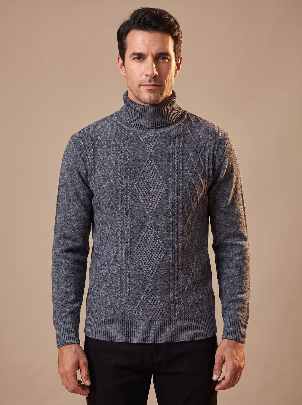 Aldric | Men's Cable Knit Turtleneck Sweater - Burgundy - Image 2