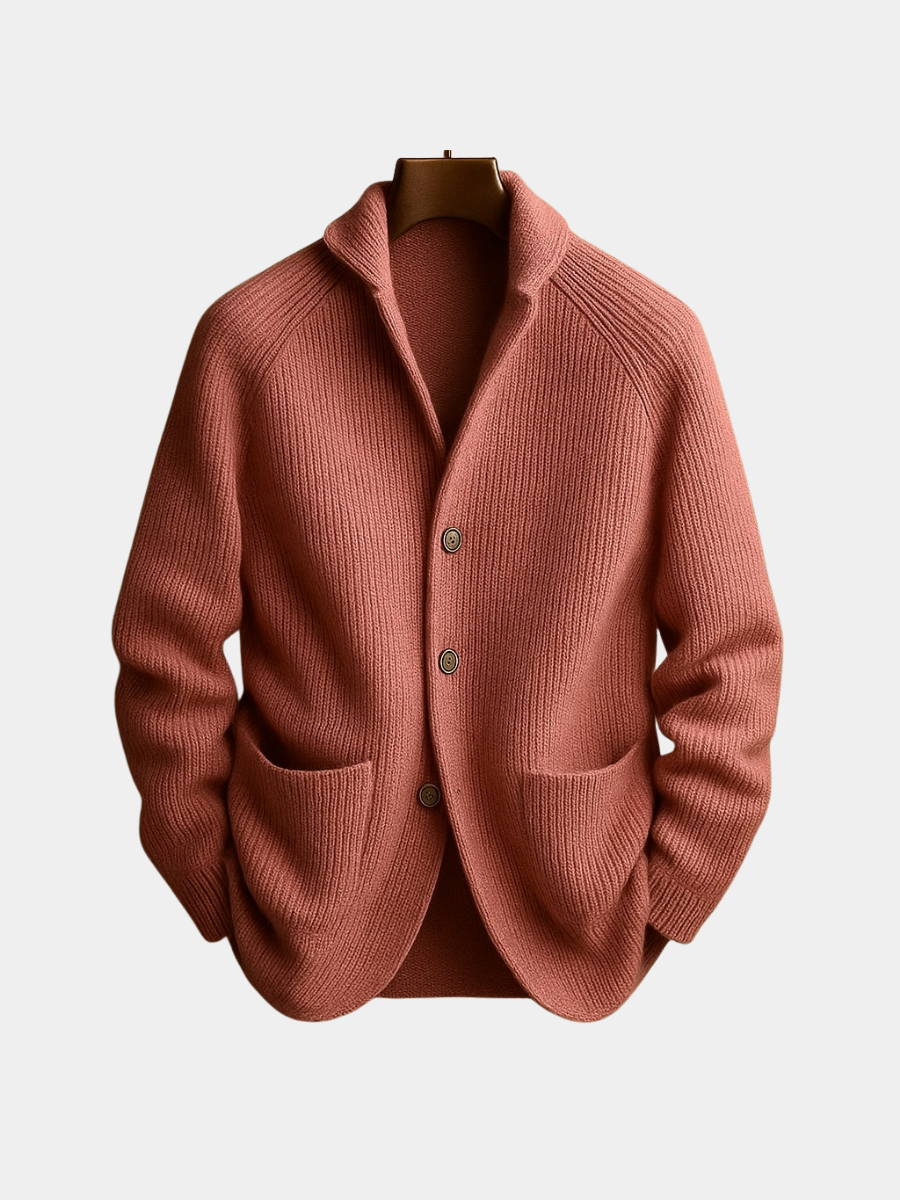 Aldric | Men's Ribbed Knit Cardigan Sweater - Coral - Image 1