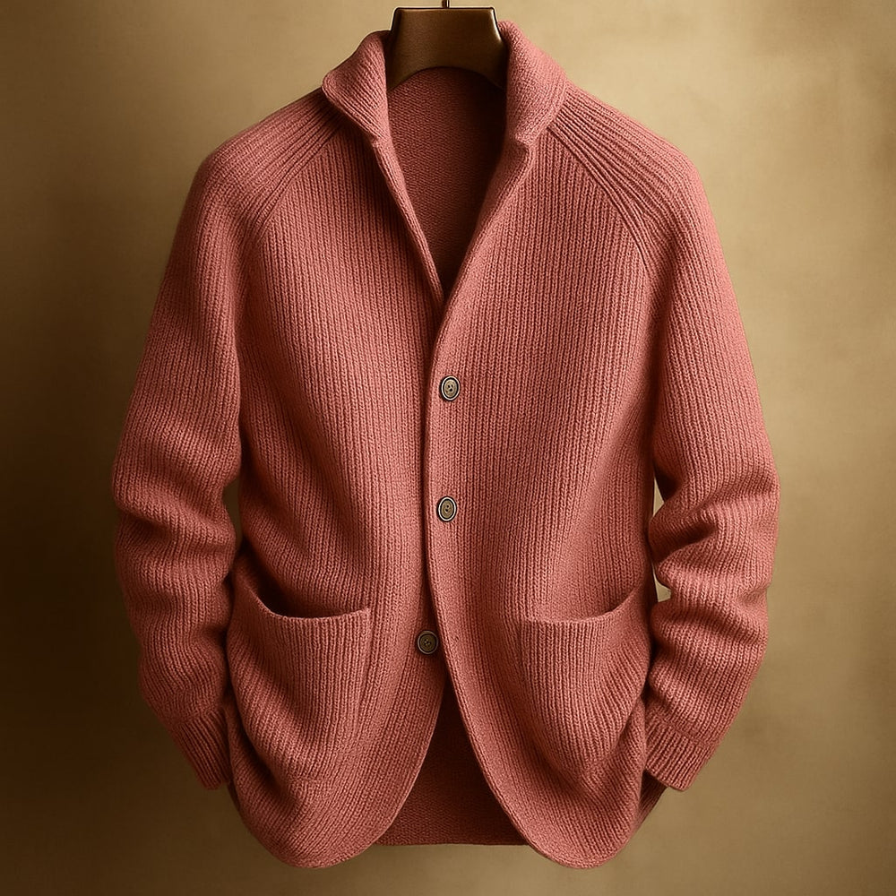 Aldric | Men's Ribbed Knit Cardigan Sweater - Coral - Image 2
