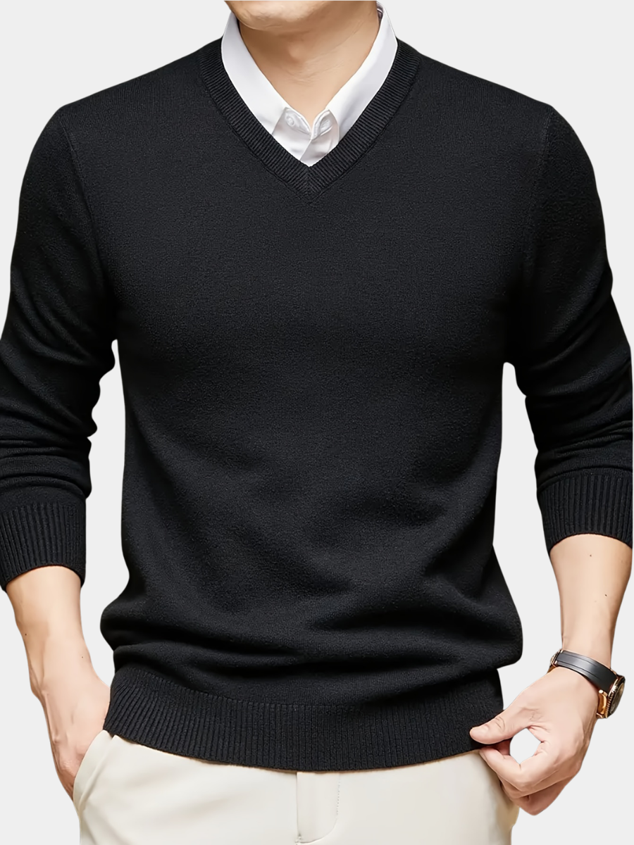Aldric | Men's V-Neck Knit Sweater - Black - Image 1