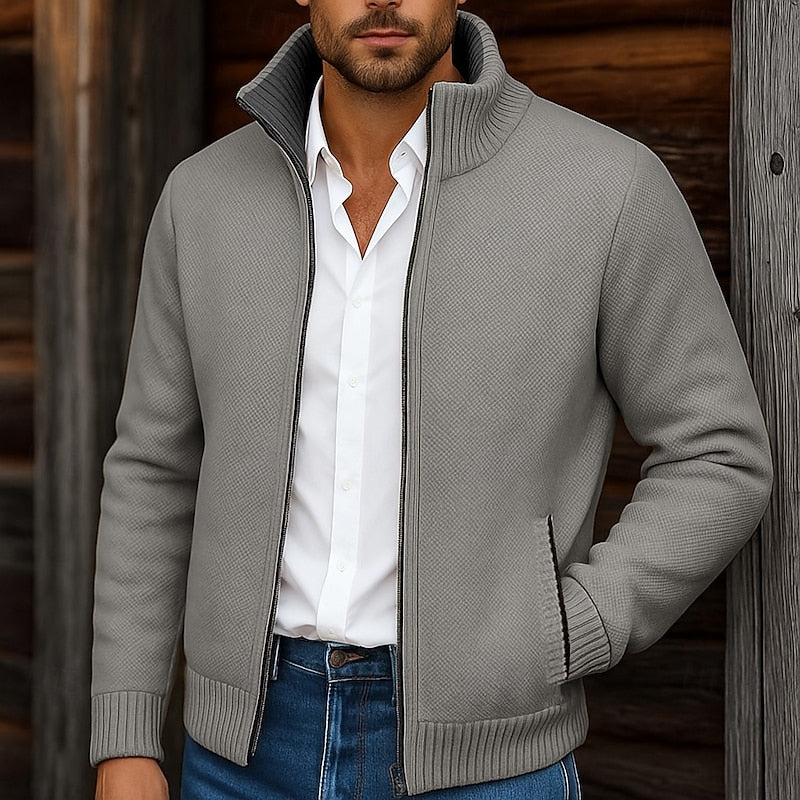 Aldric | Men's Zip-Up Cardigan Stand Collar Knit - Grey - Image 1