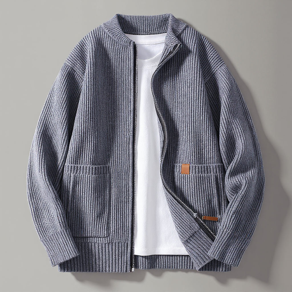 Aldwyn | Men's Ribbed Zip-Up Cardigan Sweater - Grey - Image 1