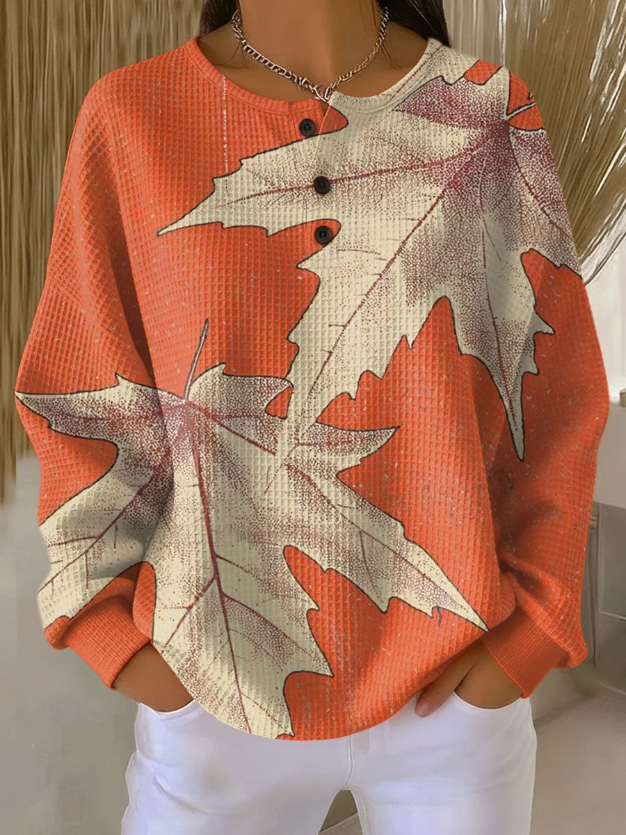 Allegra | Women's Leaf Print Long Sleeve Blouse - Orange - Image 1