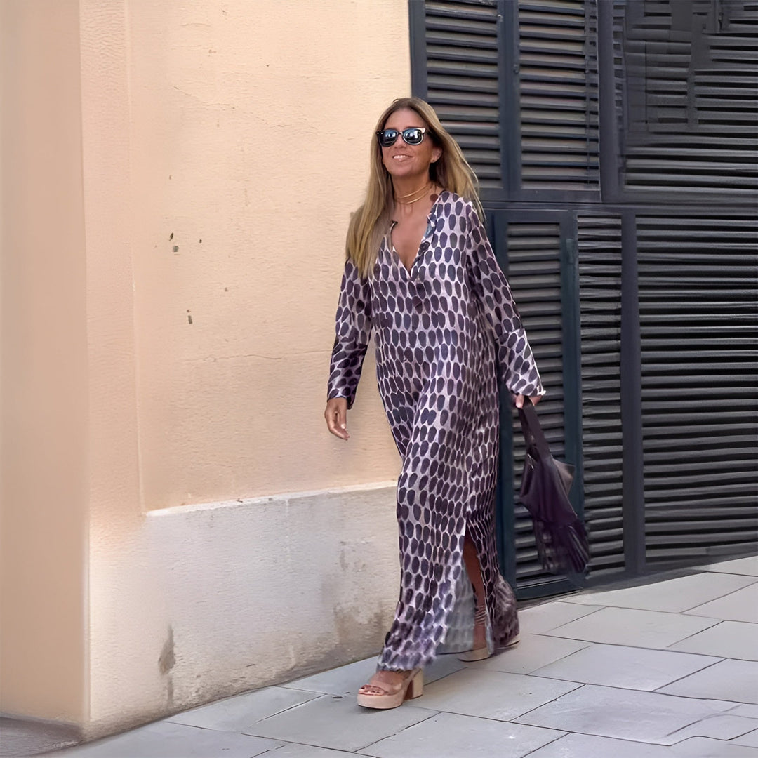 Amelia | Women's Printed V-Neck Long Sleeve Maxi Dress - Image 1
