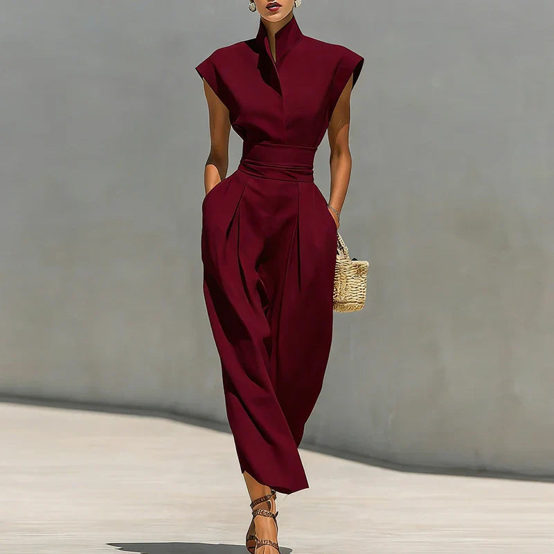 Anais | Women's Stand Collar Tailored Jumpsuit - Burgundy - Image 1
