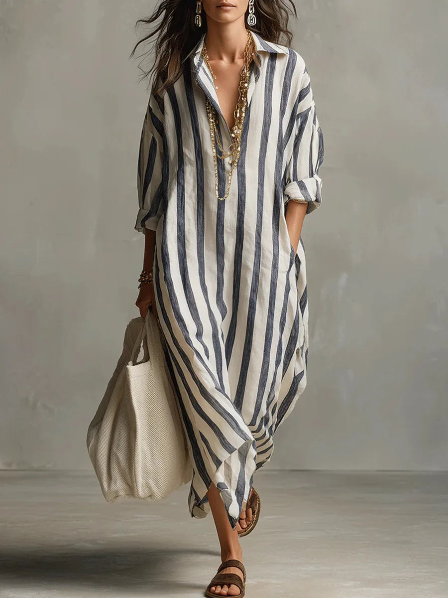 Anouk | Women's Striped Collared Maxi Shirt Dress - Striped - Image 1