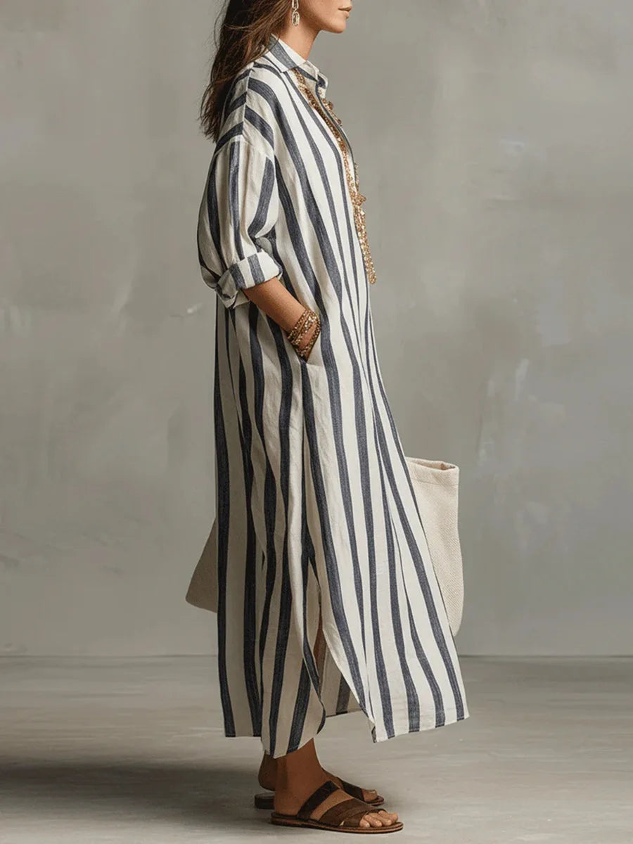 Anouk | Women's Striped Collared Maxi Shirt Dress - Striped - Image 2