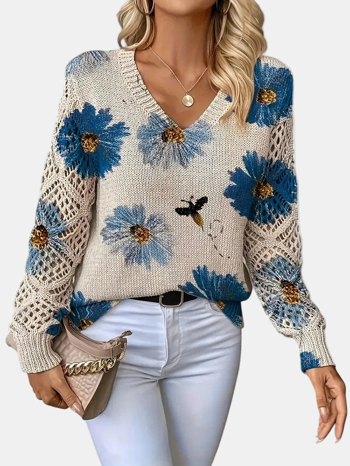 Artemisia | Women's Floral V-Neck Long Sleeve Sweater - Image 1