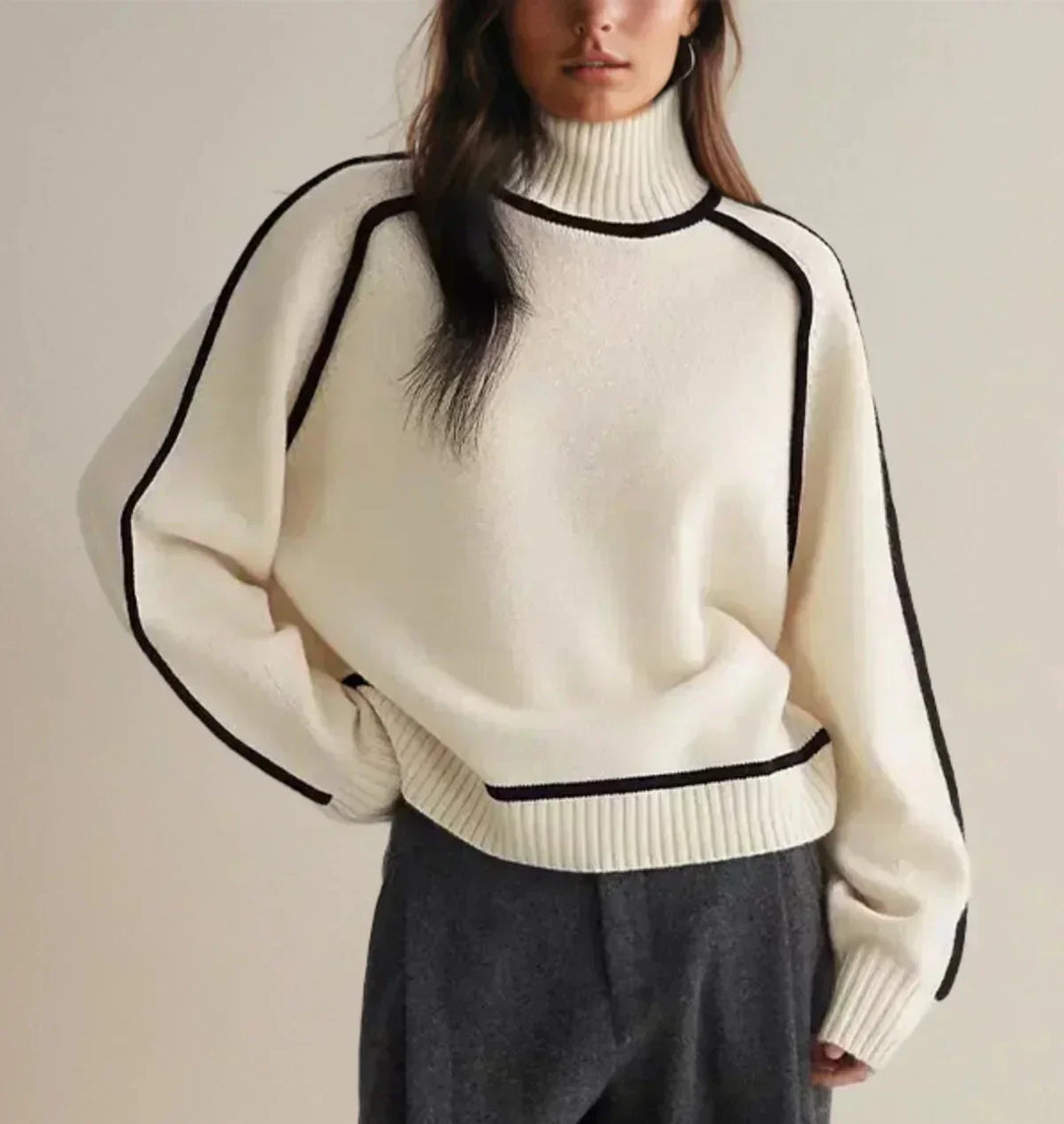 Arvelle | Women's Turtleneck Sweater with Contrast Trim - Cream - Image 1