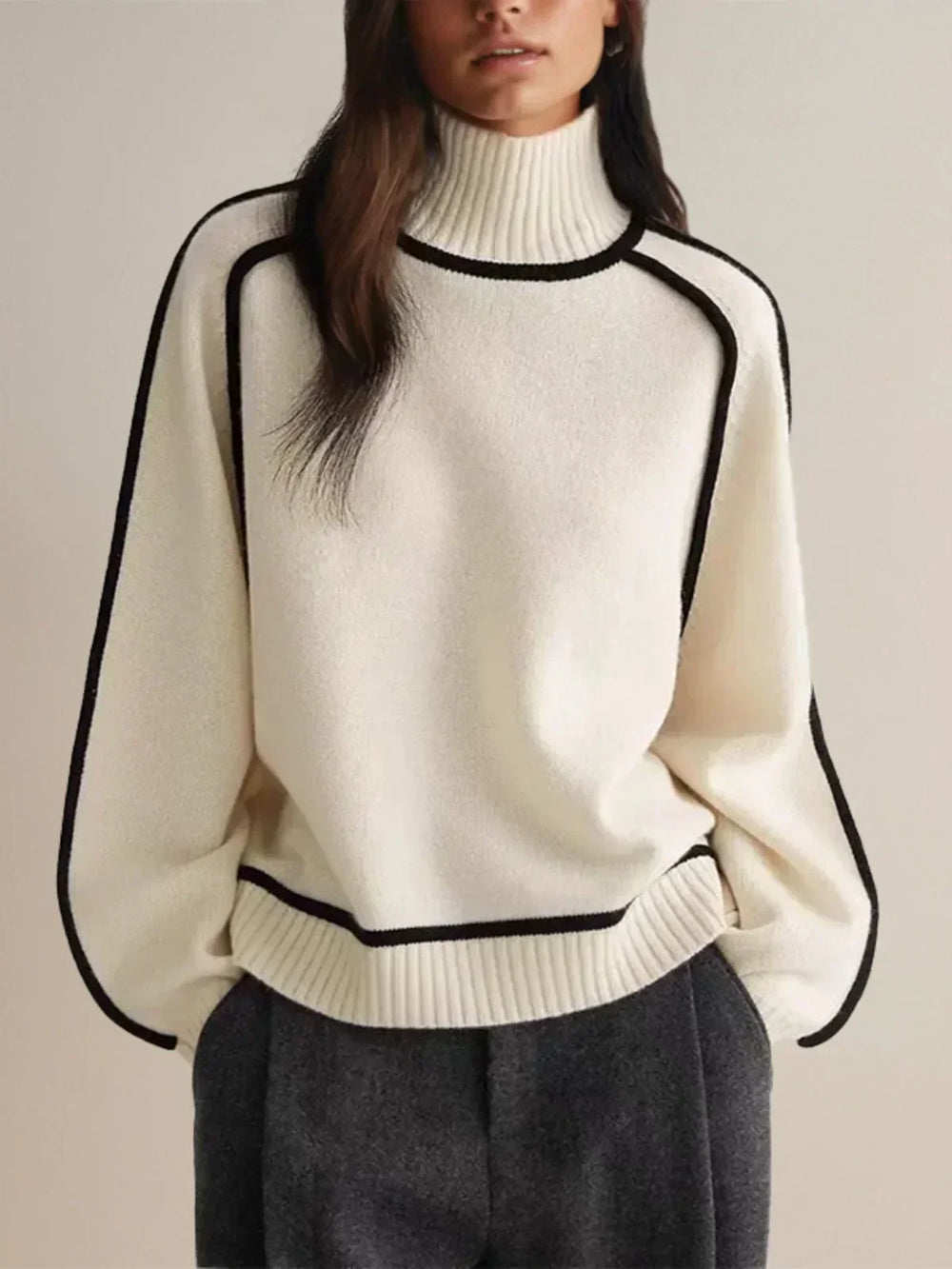 Arvelle | Women's Turtleneck Sweater with Contrast Trim - Cream - Image 2