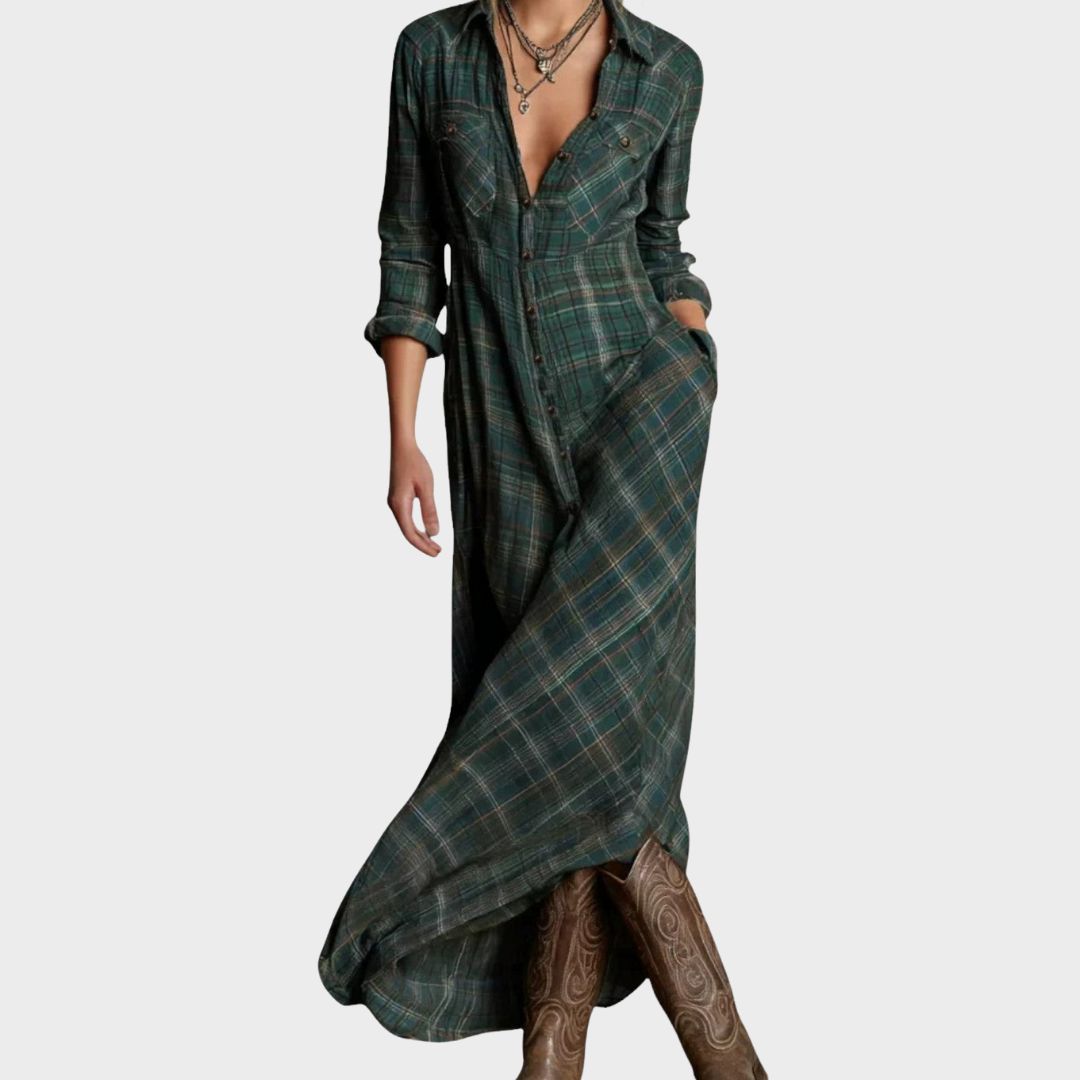 Astara | Women's Plaid Long Sleeve Maxi Shirt Dress - Green - Image 1