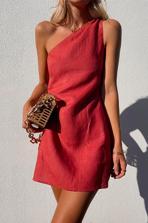 Aveline | Women's One Shoulder Sleeveless Mini Dress - Red - Image 1