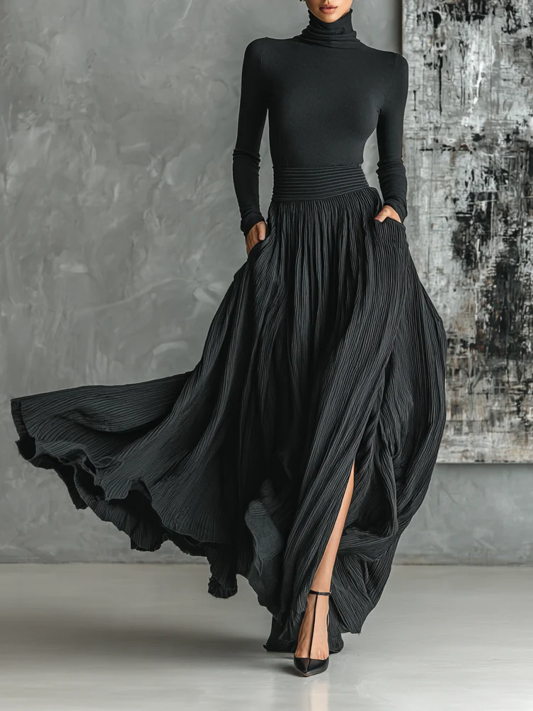 Beatrix | Women's Mock Turtleneck Pleated Skirt Set - Black - Image 1