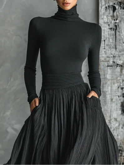 Beatrix | Women's Mock Turtleneck Pleated Skirt Set - Black - Image 2