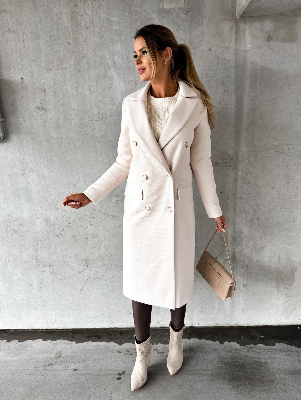 Belvaine | Women's Double-Breasted Long Winter Coat - Cream - Image 1