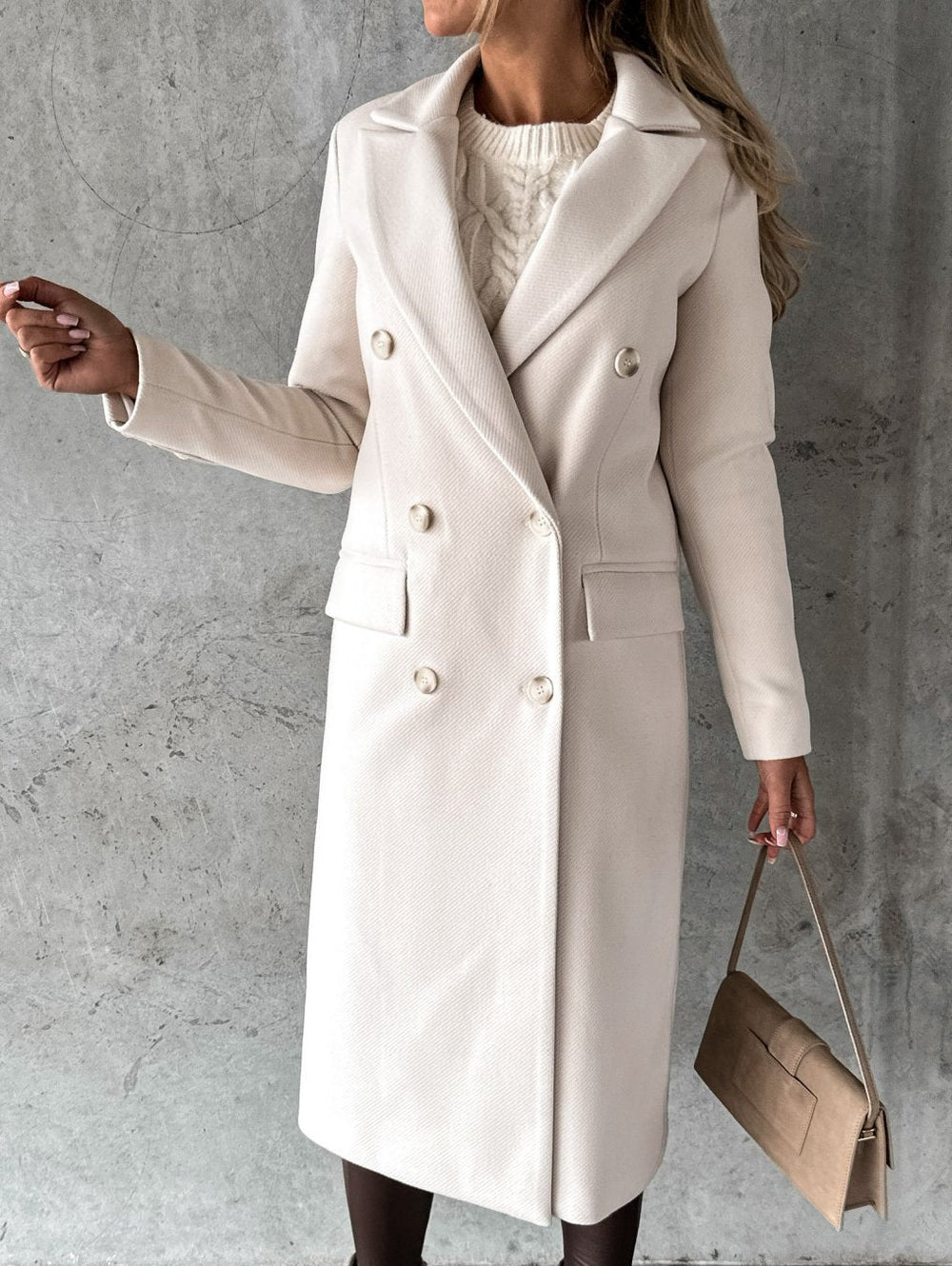Belvaine | Women's Double-Breasted Long Winter Coat - Cream - Image 2