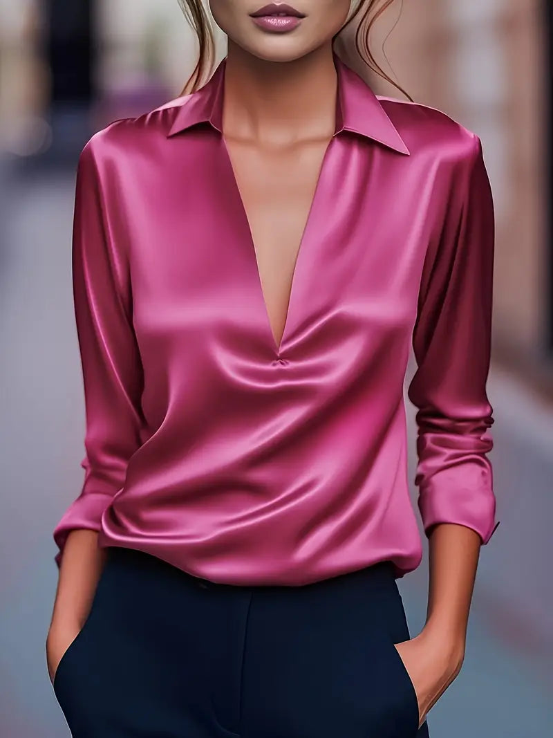 Bianca | Women's V-Neck Long Sleeve Collared Blouse - Image 2