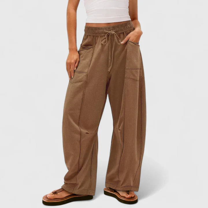 Blythe | Women's Wide Leg Drawstring Pants - Light Brown - Image 1