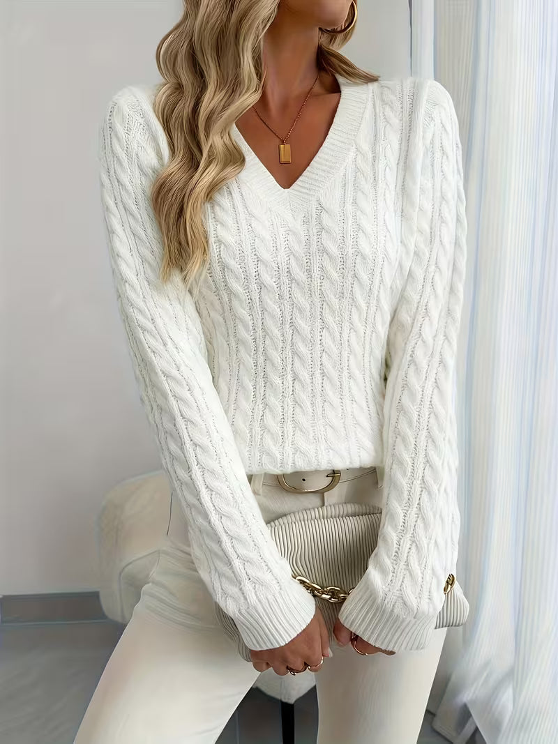Brelvaine | Women's Cable Knit Sweater V-Neck - White - Image 2