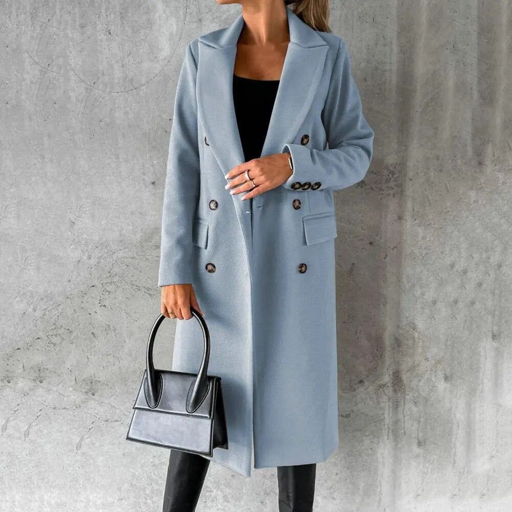 Brenara | Women's Double-Breasted Long Winter Coat - Taupe - Image 2