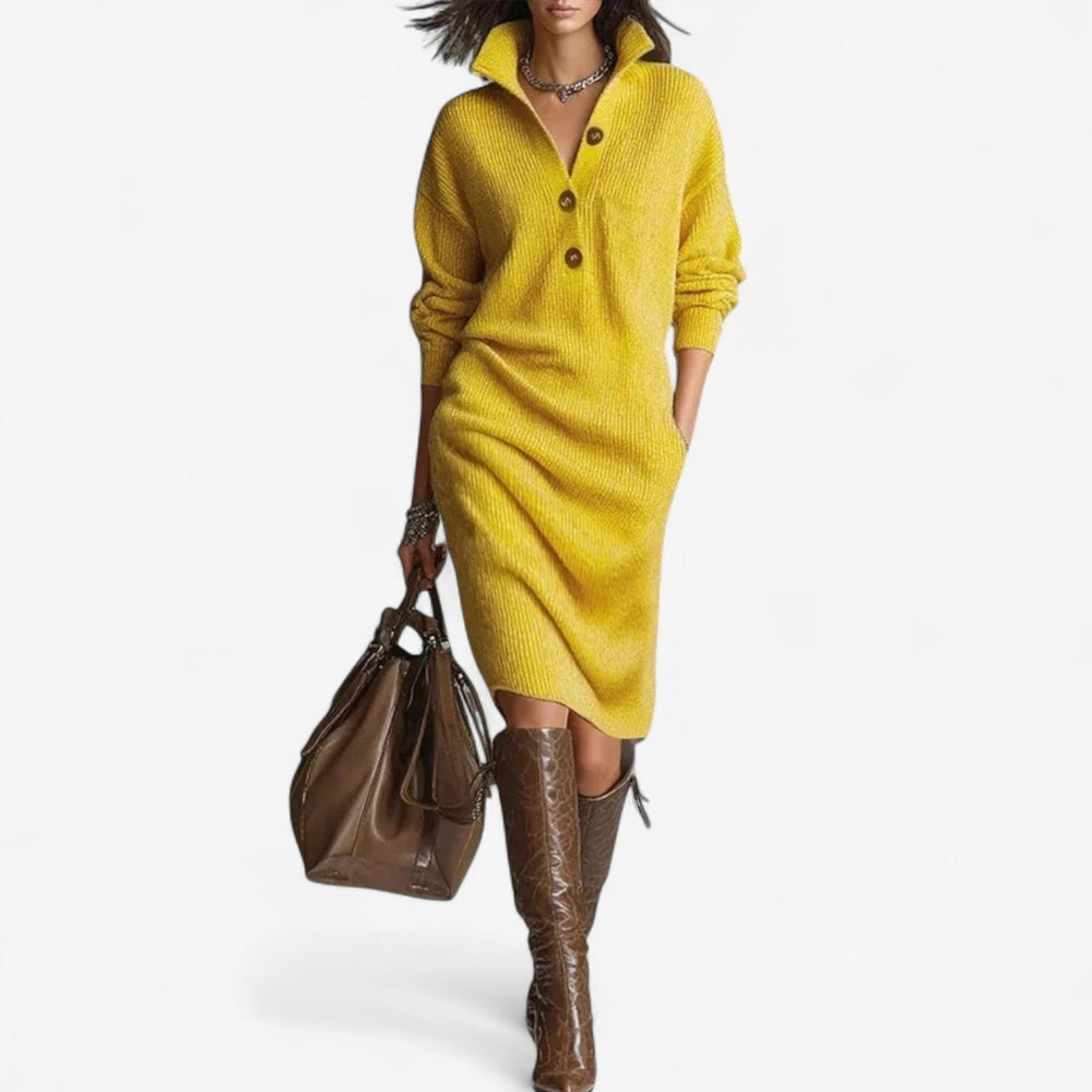 Brenna | Women's Knit Sweater Dress Ribbed Midi - Beige - Image 2