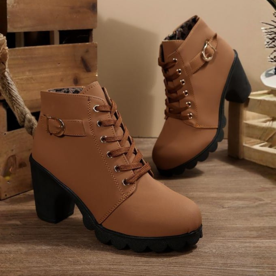 Briallen | Women's Lace-Up Block Heel Ankle Boot - Camel - Image 1