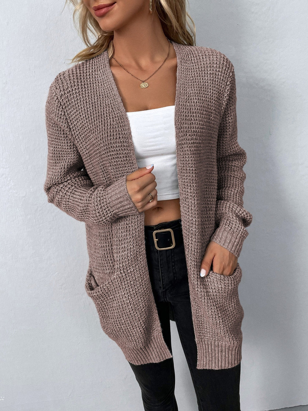 Briallen | Women's Open Front Cardigan Knit Sweater - Light Grey - Image 2