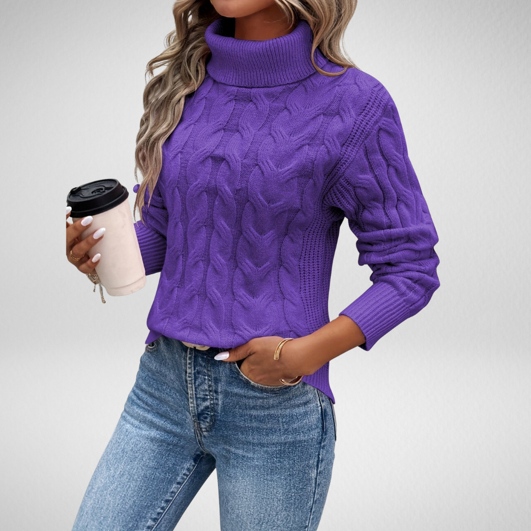 Brielle | Women's Cable Knit Turtleneck Sweater - Purple - Image 1