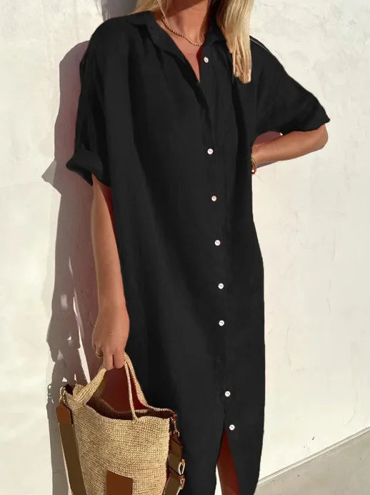 Brielle | Women's Collared Button-Down Midi Shirt Dress - Black - Image 1