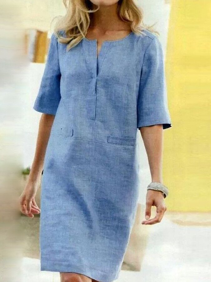 Brielle | Women's Split Neck 3/4 Sleeve Shift Dress - Light Blue - Image 1