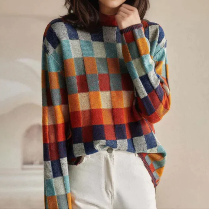 Brienne | Women's Colourblock Check Knit Sweater - Image 2