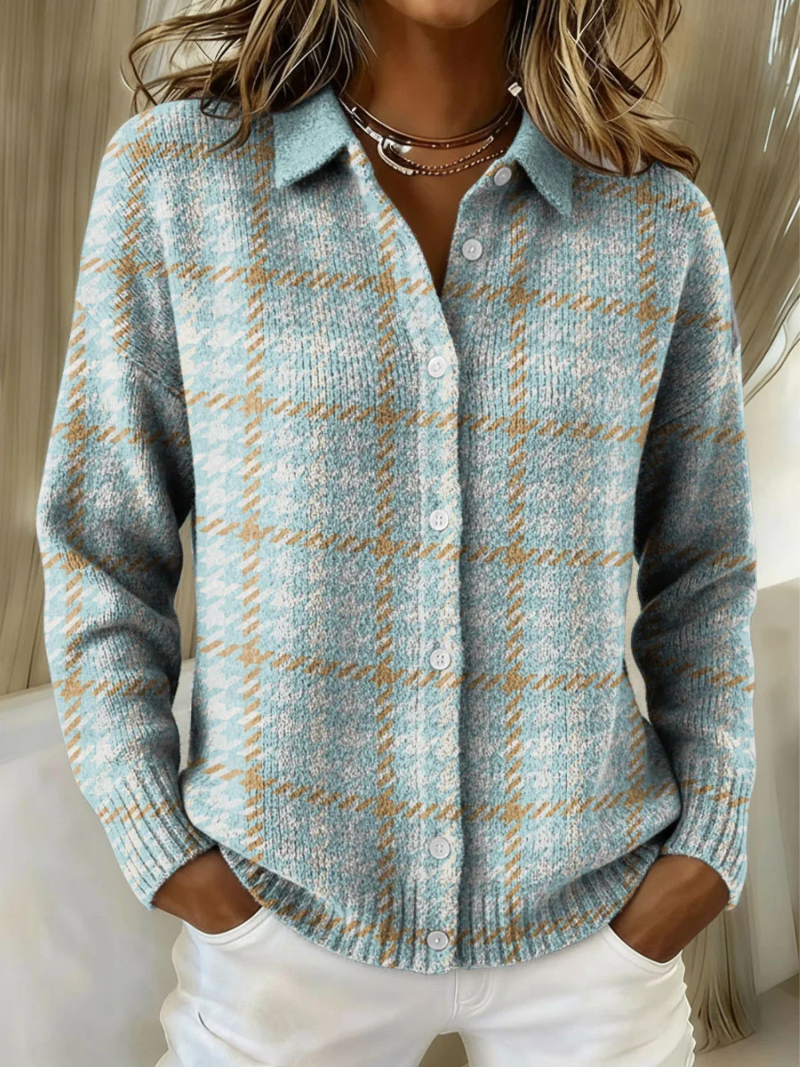 Brigid | Women's Plaid Collared Long Sleeve Cardigan - Light Blue - Image 1