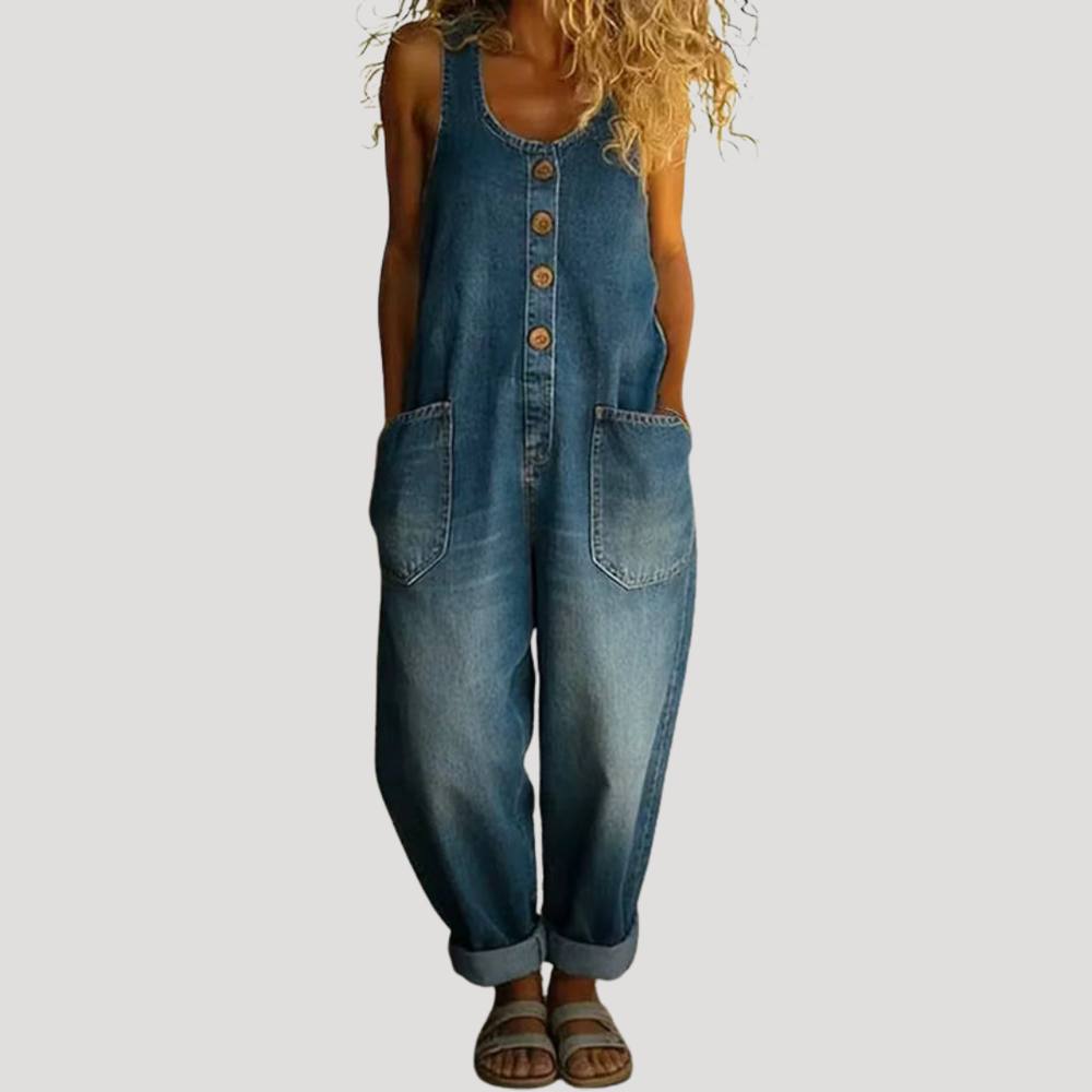 Briony | Women's Baggy Denim Overalls Sleeveless - Dark Grey - Image 2