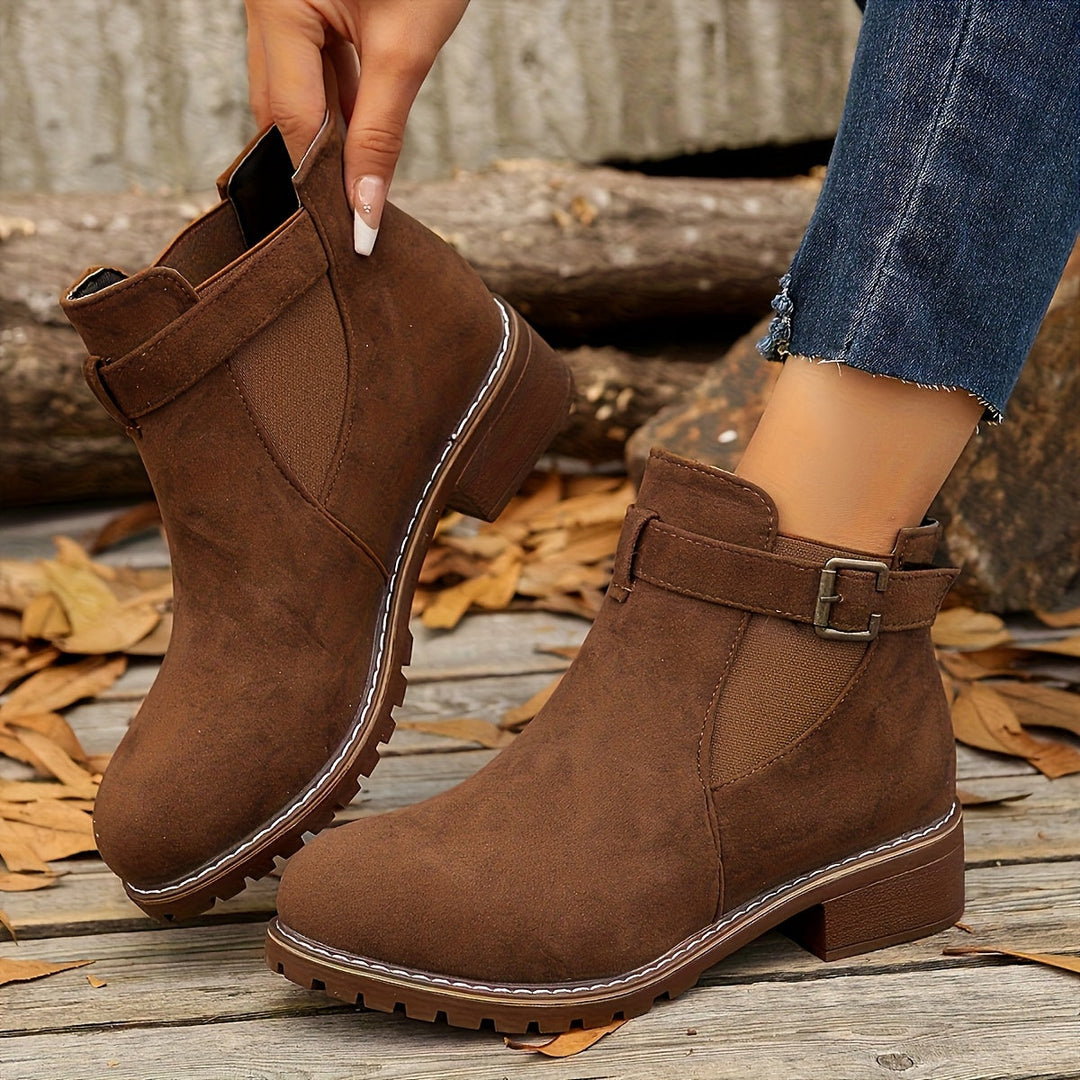 Britta | Women's Block Heel Ankle Boot with Buckle Detail - Brown - Image 1