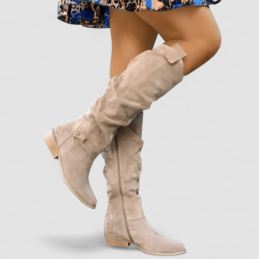 Caldara | Women's Knee-High Slouchy Flat Boots - Taupe - Image 1