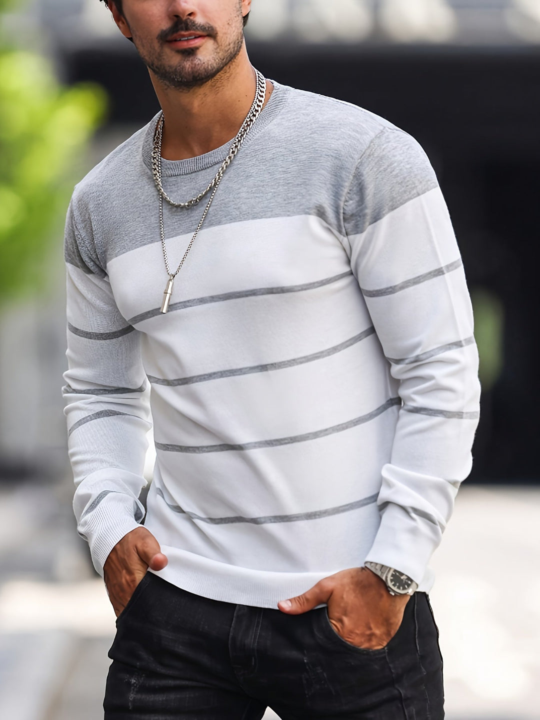 Caldren | Men's Striped Crew Neck Sweater - Grey - Image 1