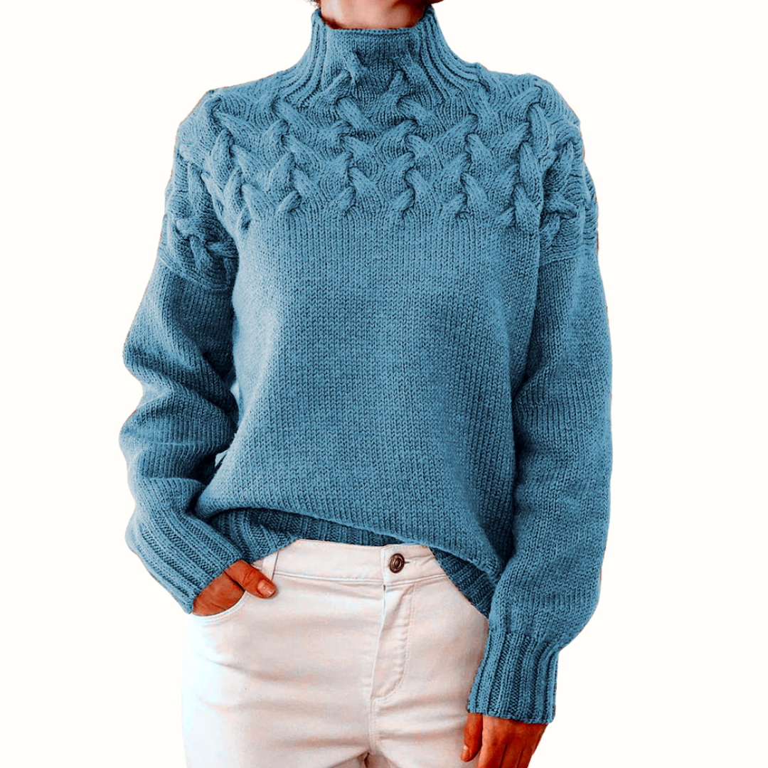 Calindra | Women's Cable Knit Turtleneck Sweater - Blue - Image 1