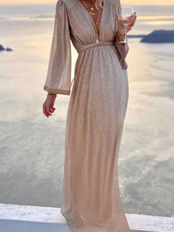 Calista | Women's Deep V-Neck Long Sleeve Maxi Dress - Champagne - Image 1