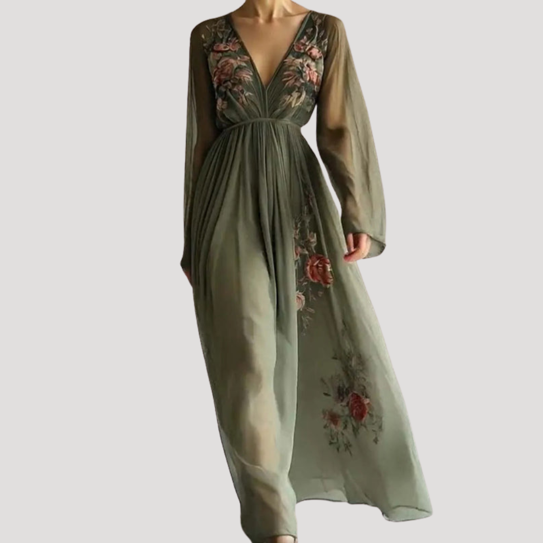 Calista | Women's Floral Embroidered Long Sleeve Maxi Dress - Sage - Image 1