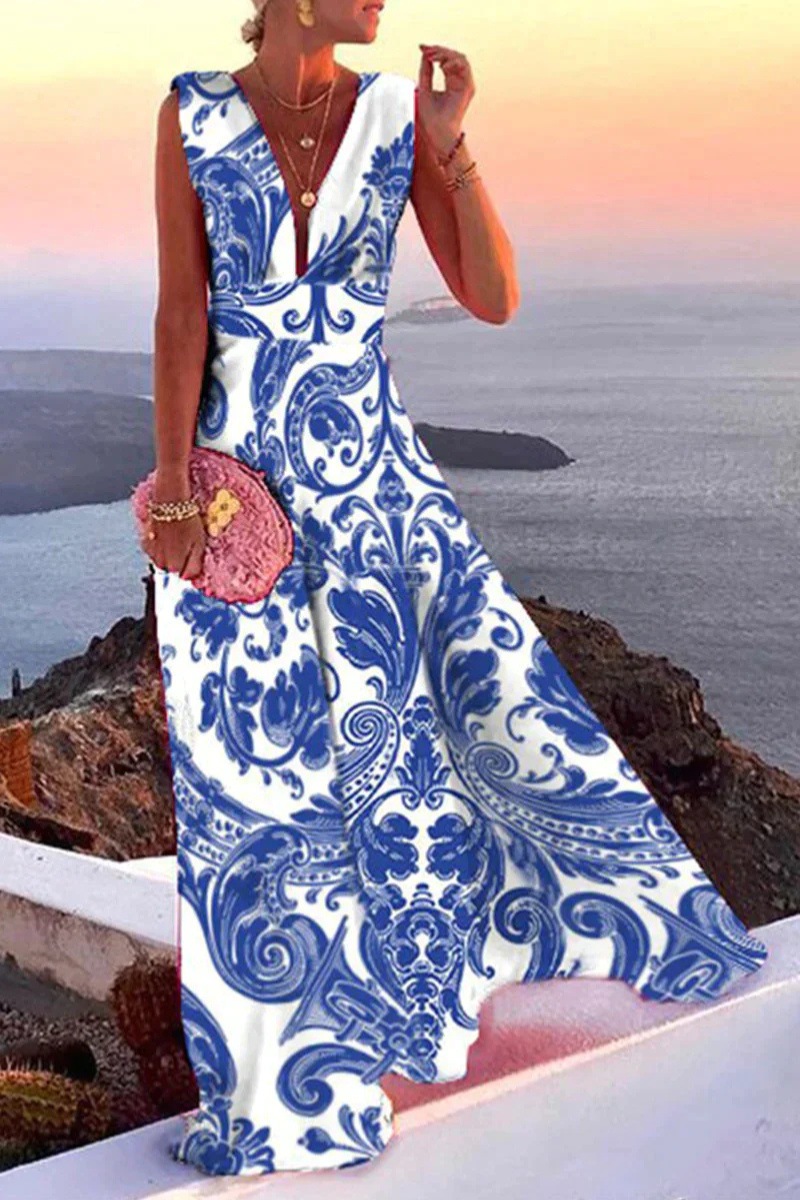 Calixta | Women's V-Neck Sleeveless Printed Maxi Dress - Blue - Image 1